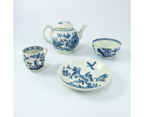 MISC. BLUE AND WHITE INC. EARLY WORCESTER TEAPOT WITH WAVY FENCE DECORATION, CRESCENT MARK, AF, BIRDS IN BRANCHES PATTERN SAU