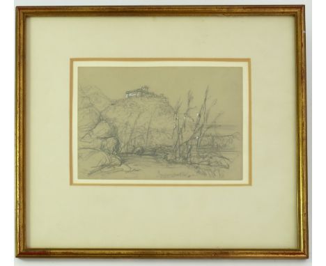 WATERCOLOUR HEIGHTENED SKETCH DEPICTING A HILL TOP CASTLE, INDISTINCTLY SIGNED, LABELLED VERSO CHARLES CHURCH, APPROX 17 X 13