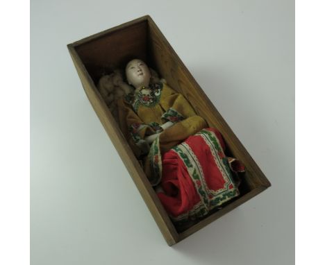 RARE 19TH CENTURY CHINESE PORCELAIN HEAD DOLL, JOINTED CONSTRUCTION, DEPICTING A LADY IN TRADITIONAL COSTUME, WOODEN BOX, dol