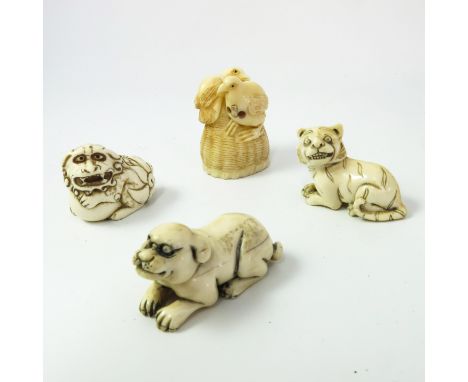 A COLLECTION OF 4 JAPANESE NETSUKE, 3 FEATURING ANIMALS, THE OTHER 2 QUAILON A BASKET