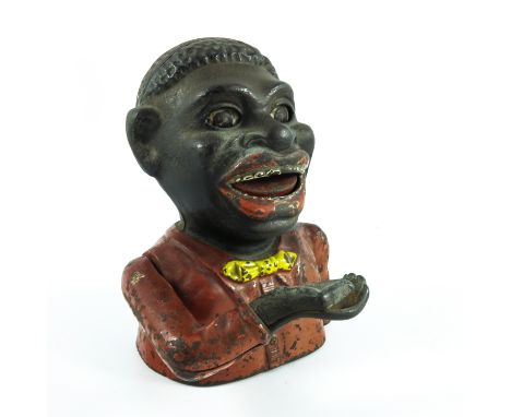 'JOLLY NIGGER' ORIGINAL CAST IRON MECHANICAL MONEY BOX, RED POLYCHROME DECORATION WITH YELLOW BOW TIE, EMBOSSED 'PAT. MAR 14.