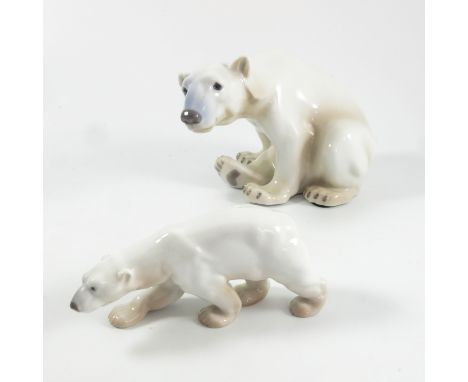 BING AND GRONDAHL LARGE SEATED POLAR BEAR 1629, APPROX. 20 cm LONG AND CUB 2218