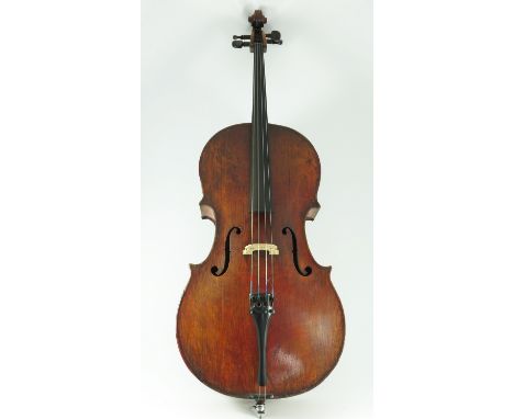 CELLO, EARLY 19TH CENTURY 7/8 ths SIZE, length of back to include button 76cm, TOGETHER WITH A BOW STAMPED ARNOLD VOIGT