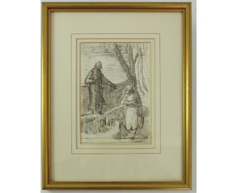 PEN AND INK SKETCH DEPICTING 2 FIGURES ABBOTT AND HOLDER LABEL VERSO WILLIAM STRANG RA WITH PROVENANCE NOTE APPROX 16 X 11 cm