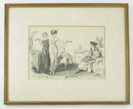 SKETCH LADIES DRESSING ROOM WITH SIGNATURE LEWIS BAUMER, ABBOTT AND HOLDER LABEL VERSO WITH DETAILED DESCRIPTION AND 'INSCRIB
