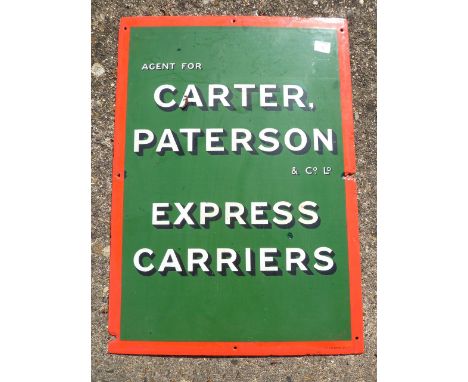 ENAMEL ADVERTISING SIGN CARTER PATERSON &amp; CO LTD EXPRESS CARRIERS, BRUTON PALMERS GREEN APPROX 30 INS X 22. INS