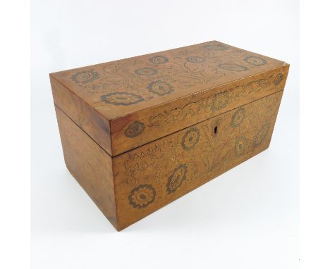 TEA CADDY WITH FLORAL POKER WORK DECORATION AND FITTED INTERIOR