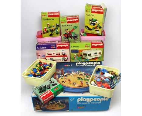 Seven boxed 'Play People' kits; circus ring, farm basic set, knights accessories, ambulance, caravan, farm tractor, family ca