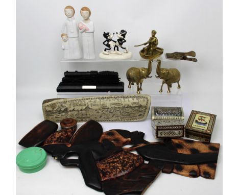 A mixed box of collectors' items to include African carvings, coal model of a train, inlaid boxes, scrimshaw-type ornament et