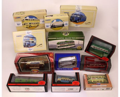 A collection of diecast model trams and buses, to include Corgi Classic Commercials 'The Hardings AEC Regal Coach', Corgi Cla