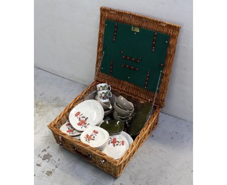 A picnic hamper containing a quantity of vintage J&G Meakin 'Flamenco' c1950s teaware to include vegetable tureen, sauce boat