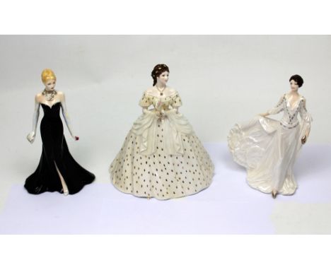 Three Royal Worcester figures; 'Dinner at Eight' by John Bromley, 'The Elizabeth Emanuel Black Gown' sculpted by J Bromley, d