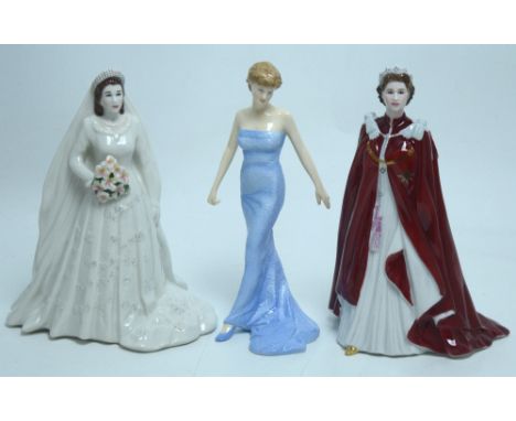 A Royal Doulton figure, HN5061 'Princess Diana' and two Royal Worcester figures; Queen Elizabeth II in Coronation robe and Qu