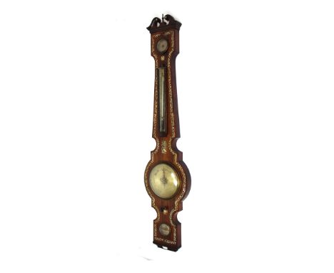 An early 20th century mahogany barometer by Fattorini, Leeds, inlaid with mother of pearl floral and bird decoration, length 
