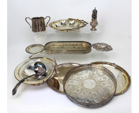 A quantity of plated items to include trays, fruit basket, bonbon dish, ladle, sugar caster etc.