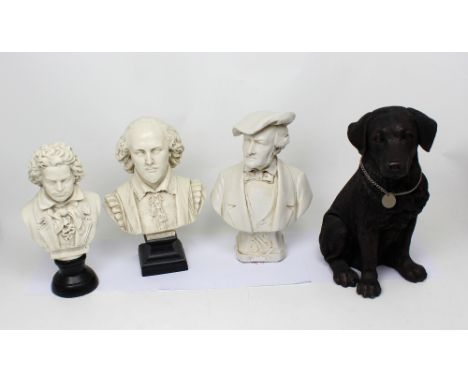 Three decorative resin busts of Shakespeare, Beethoven and Wagner, height of largest 31cm and a large model of a Labrador pup