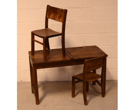 A childs' vintage double desk and two small school chairs (3).