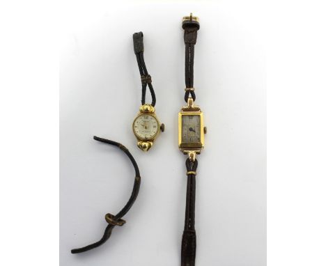 Two early-to-mid 20th century ladies' yellow metal cased cocktail/dress watches, the first with circular dial set with Arabic