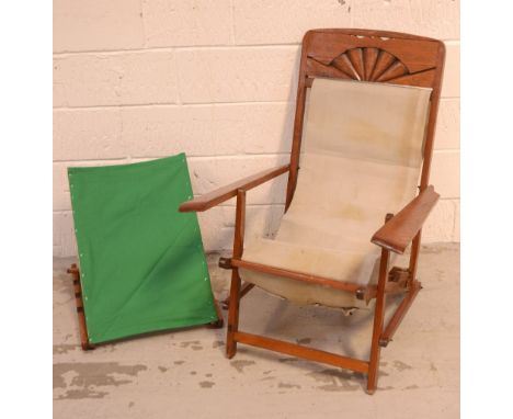 A vintage wooden-framed deckchair and a vintage wooden bed rest (2).