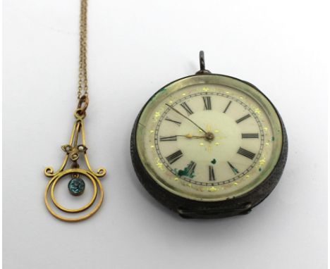 A 9ct gold Edwardian pendant on fine link chain, approx 2g and a Continental 935 silver fob watch (for restoration (2).