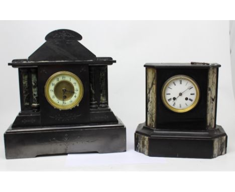 A slate eight-day mantel clock with marble inlay, white dial set with Roman numerals, height 20cm and a slate mantel clock of