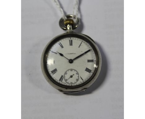 Omega; a silver fob watch, white enamel dial set with Roman numerals and subsidiary seconds dial, marked to inner case 'Omega