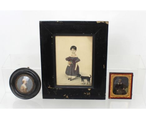 UNATTRIBUTED; watercolour, an early 19th century portrait of a young girl holding flower with dog in the foreground, handwrit