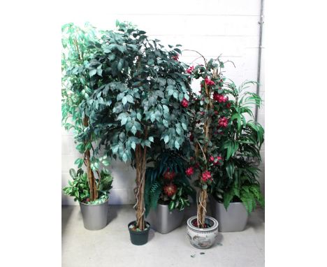 Five ornamental faux decorative plants in ceramic and painted containers, to include a ficus benjamina, a variegated ficus be