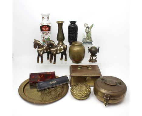 A quantity of Oriental ornamental brass and other metal boxes, ginger jars, vases, a pair of wooden horses, a ceramic figure 