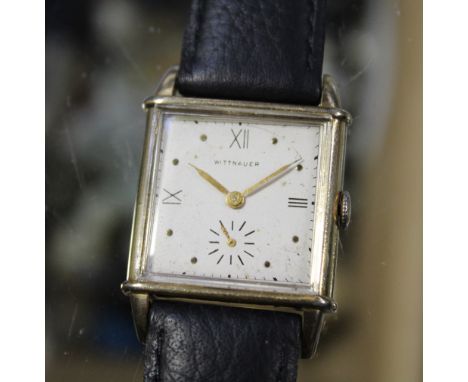 Wittnauer; a c1940s gentlemen's tank-style watch, square gold filled case, satin dial with gold filled Roman and button numer