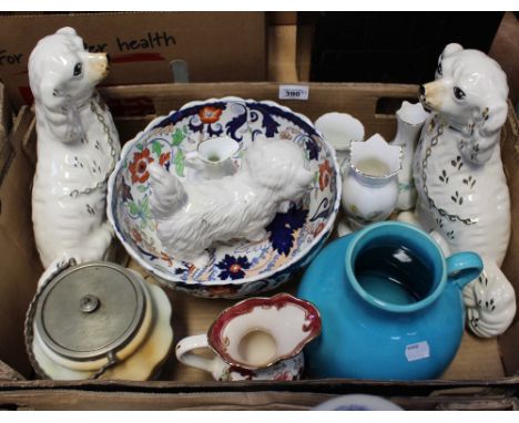 A quantity of ceramics to include a Masons 'Mandelay Red' jug, a large early 20th century blue and white wash jug, a turquois