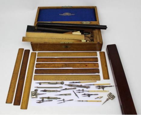 A cased set letter scales, a wooden cased set of Stanley surveyors' instruments to include ivory-handled compass etc, vintage