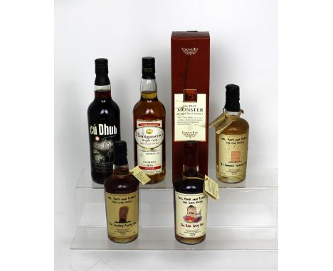 A boxed bottle of 'The Peat Monster Malt Scotch Whisky', a bottle of 'Montgomerie's Single Cask Malt Scotch Whisky, a bottle 