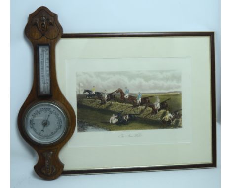 An oak wall barometer with silvered dial and a hand-tinted engraving, 'The Sonewall', framed and glazed (2).