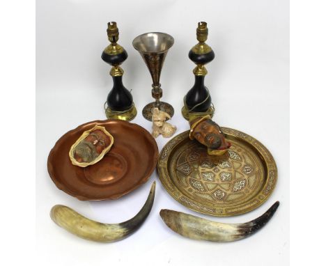 A Middle Eastern brass wall plaque, a small copper bowl, a Middle Eastern trumpet vase and a pair of ceramic and brass table 