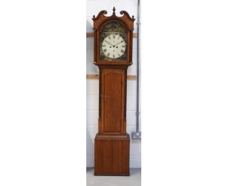 A 19th century oak eight-day longcase clock with painted arched enamel dial set with Roman numerals, height 200cm.