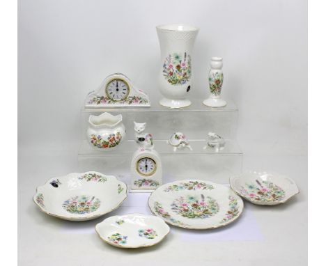 A collection of Aynsley 'Wild Tudor' pattern ceramics to include candlesticks, vases, a picture frame, a clock and ornamental