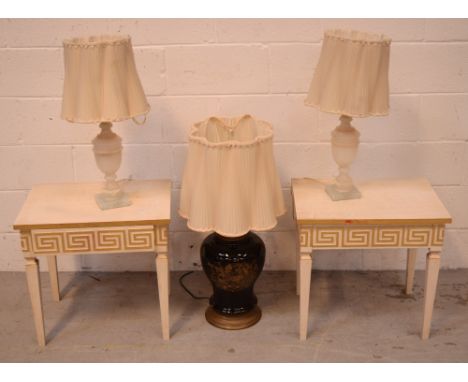 A pair of contemporary painted and gilt single-drawer side tables, height of each 50cm, a pair of alabaster table lamp bases 