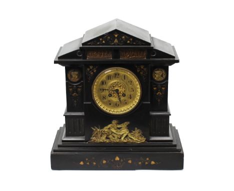 A Victorian black slate and gilt metal eight-day mantel clock fashioned as a Greek temple with Classical figural decoration, 