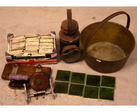 A collectors' lot to include a jam pan, a quantity of vintage small green square tiles, a boxed 'Fulse' iron, a railway lamp,