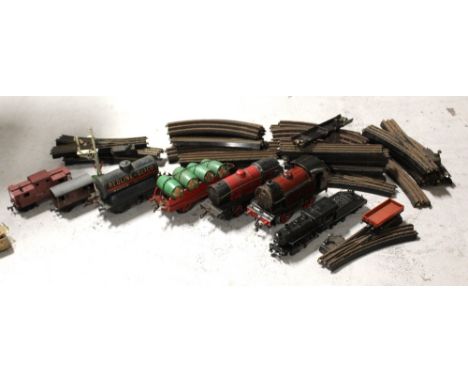 A Hornby O gauge locomotive 0-4-0 LMS maroon 2270, a similar LMS 0-4-0 locomotive, two O gauge rolling stock; 'Redline-Glico 