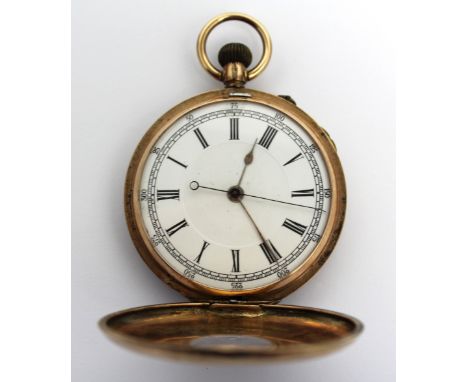 A 9ct gold half hunter pocket watch, the white enamel dial set with Roman numerals, blue enamel numerals to the outer case. C