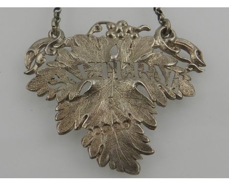 A William IV silver wine label, 'Sauterne', of cast vine leaf form, hallmarked London 1831, hallmark indistinct 'W.K' (?).