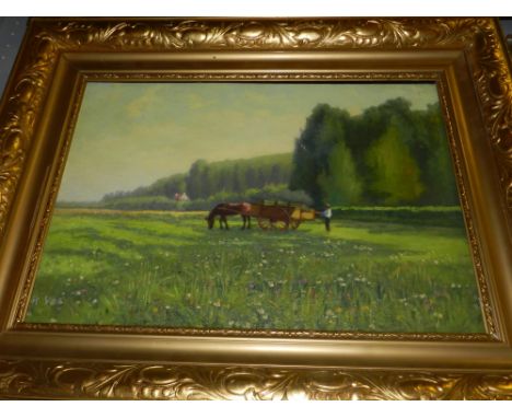 R. Vos (20th century Dutch school), bucolic landscape study, oil on canvas, signed lower left. H.32cm W.46cm