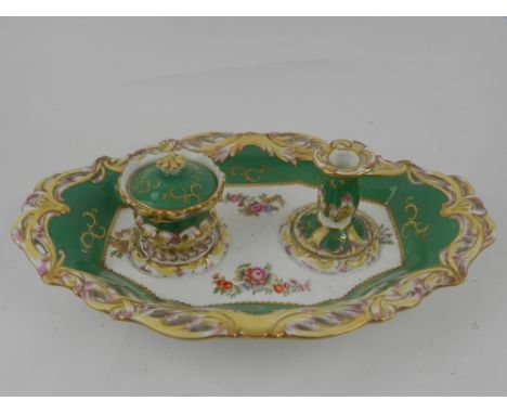 A 19th century ceramic inkwell and brush pot, within mounted dish. L.24cm