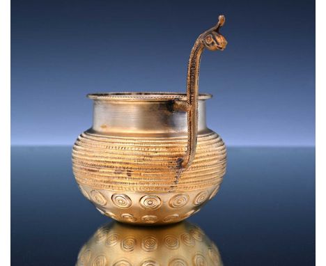 A twentieth-century gilt metal revival of a Bronze Age golden bowl, with a horse's head handle, the underside marked '925', m