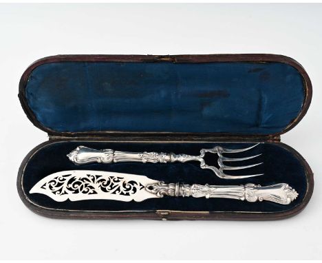A Victorian cased silver fish serving set, comprising fork and knife, the knife with pierced and decorated blade, each blade 