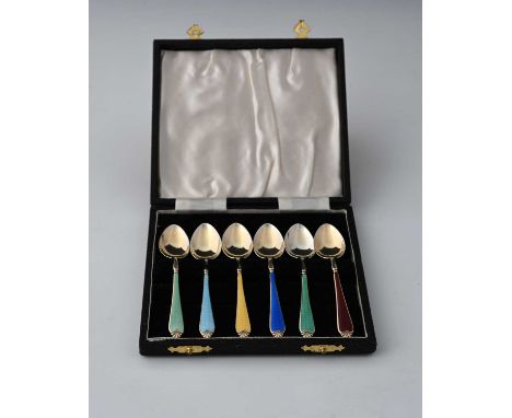 A cased set of six coffee spoons, in silver gilt and guilloche enamel, Adie Brothers Ltd., c.1957, length 9.4cm, combined wei