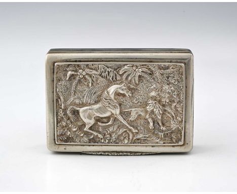 A nineteenth-century silver-coloured metal snuff box, possibly Indian, of conventional English form, with reeded borders, and