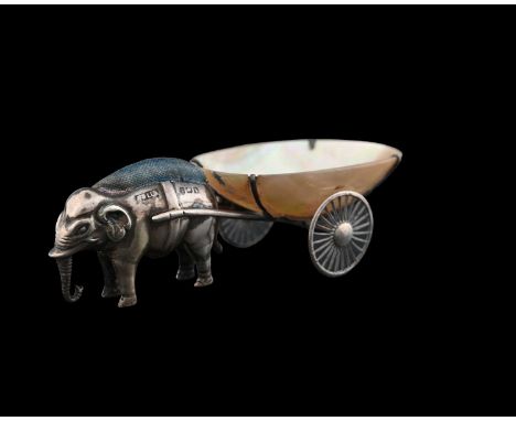 An Edwardian silver novelty Elephant pin cushion with mother-of-pearl cart, Adie &amp; Lovekin, Birmingham 1908, length 11cm 